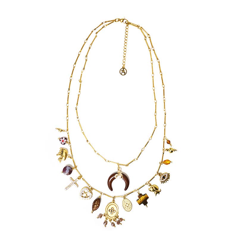 COLLANA DOPPIO FILO A CATENA CON CHARMS CORNO MEZZALUNA