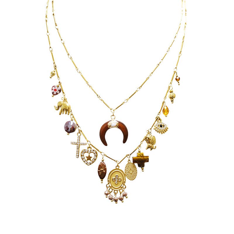 COLLANA DOPPIO FILO A CATENA CON CHARMS CORNO MEZZALUNA