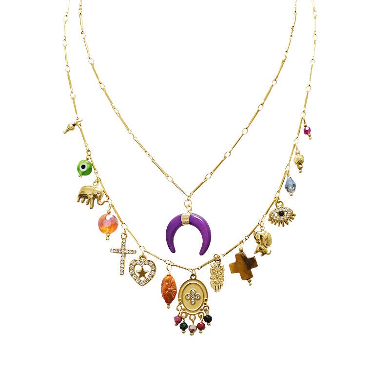 COLLANA DOPPIO FILO A CATENA CON CHARMS CORNO MEZZALUNA