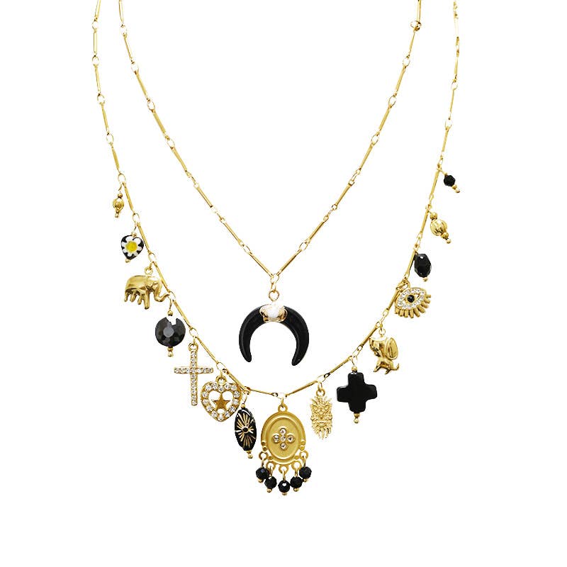 COLLANA DOPPIO FILO A CATENA CON CHARMS CORNO MEZZALUNA